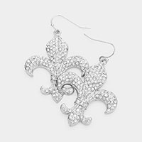 Rhinestone Embellished Metal Fleur de Lis Dangle Earrings