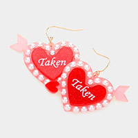 Taken Message Pearl Trimmed Glittered Resin Heart Arrow Dangle Earrings