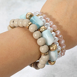 4PCS - Pearl Wood Ball Marbled Beaded Stretch Bracelets