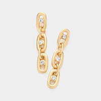 Stone Embellished Open Metal Oval Link Dangle Earrings
