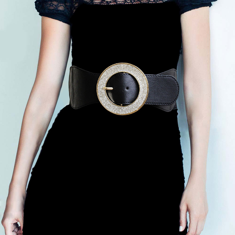Rhinestone Embellished Open Circle Buckle Stretch Elastic Belt