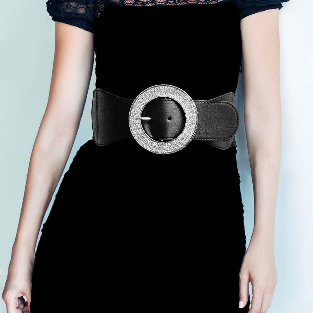Rhinestone Embellished Open Circle Buckle Stretch Elastic Belt