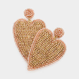 Felt Back Rhinestone Seed Beaded Heart Dangle Earrings