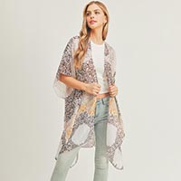 Floral Leaf Patterned Cover Up Kimono Poncho