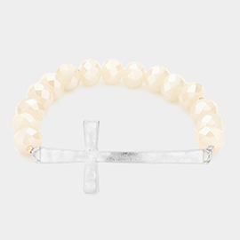 Hammered Metal Cross Accented Faceted Beads Stretch Bracelet