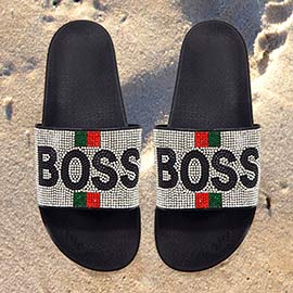 Bling Color Block Boss Message Slide Sandal Slippers