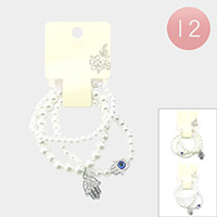 12 Set of 3 - Evil Eye Hamsa Hand Charm Pearl Stretch Bracelets