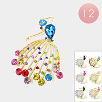12PCS - Round Teardrop Stone Embellished Girl Pin Brooches