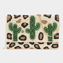 Seed Beaded Leopard Patterned Cactus Clutch / Crossbody Bag