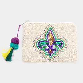 Mardi Gras Seed Beaded Sequin Fleur de Lis Pom Pom Tassel Mini Pouch Bag