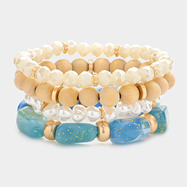 4PCS - Pearl Wood Ball Marbled Beaded Stretch Bracelets