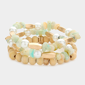 3PCS - Semi Precious Stone Pearl Wood Ball Stretch Bracelets