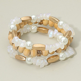 3PCS - Semi Precious Stone Pearl Wood Ball Stretch Bracelets