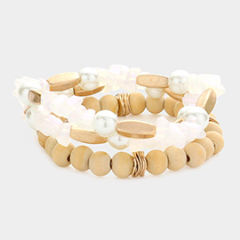 3PCS - Semi Precious Stone Pearl Wood Ball Stretch Bracelets