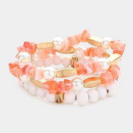 3PCS - Semi Precious Stone Pearl Wood Ball Stretch Bracelets