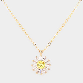 Brass Metal CZ Flower Pendant Necklace
