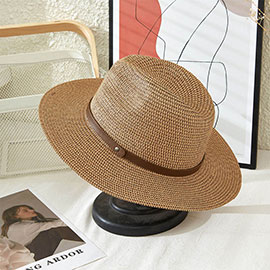 Faux Leather Band Straw Panama Sun Hat