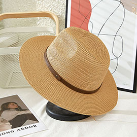 Faux Leather Band Straw Panama Sun Hat