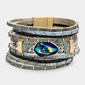 Angled Bead Pointed Faux Leather Magnetic Bracelet
