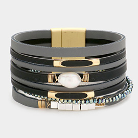 Pearl Accented Faux Leather Magnetic Bracelet