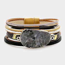 Natural Stone Accented Faux Leather Magnetic Bracelet