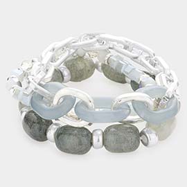 3PCS - Natural Stone Open Metal Oval Link Stretch Bracelets