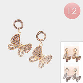 12Pairs - Rhinestone Embellished Butterfly Dangle Earrings