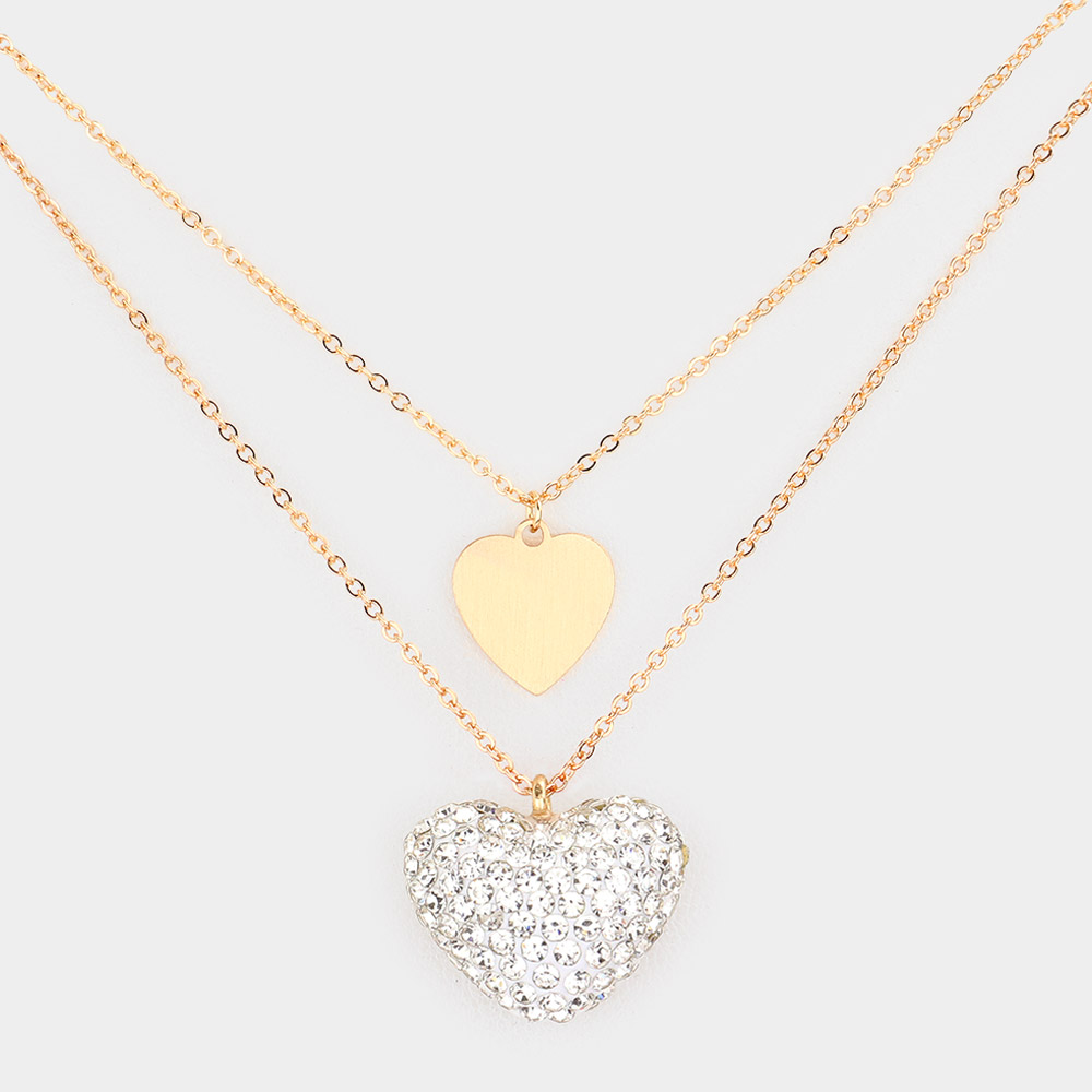 Metal Rhinestone Pave Heart Pendant Double Layered Necklace