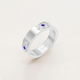 CZ Embellished Evil Eye Stainless Steel Ring