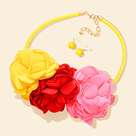 Triple Fabric Flower Necklace