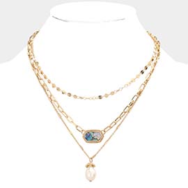 Hexagon Abalone Pearl Pendant Triple Layered Necklace