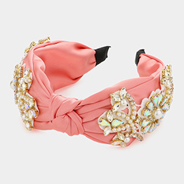 Pearl Stone Embellished Flower Burnout Knot Headband