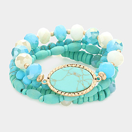 4PCS - Semi Precious Wood Ball Faceted Beaded Stretch Bracelets