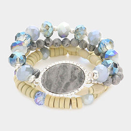 4PCS - Semi Precious Wood Ball Faceted Beaded Stretch Bracelets