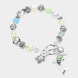 Abalone Dolphin Metal Shell Turtle Charm Pearl Beaded Stretch Toggle Bracelet