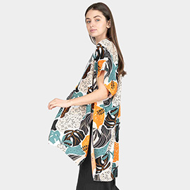 Tropical Leaf Patterned Cover Up Kimono Poncho