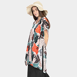 Tropical Leaf Patterned Cover Up Kimono Poncho