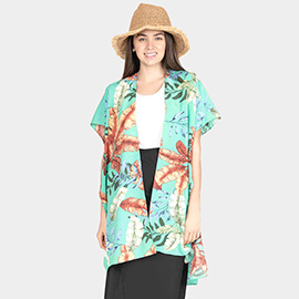 Tropical Leaf Patterned Lace Cover Up Kimono Poncho