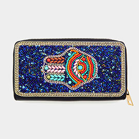 Multi Beaded Hamsa Hand Zipper Wallet