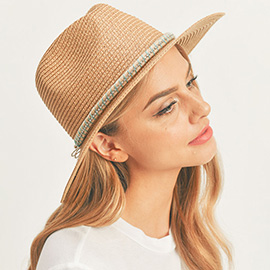 Rhinestone Embellished Band Panama Straw Sun Hat
