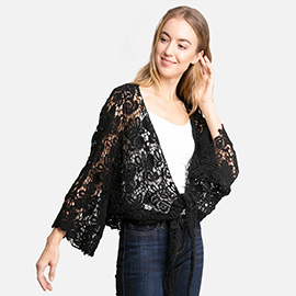 Floral Patterned Crochet Short Batwing Cover Up Poncho