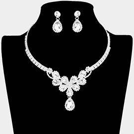 Flower Accented Rhinestone Necklace