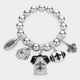 Rhinestone Embellished Fleur de Lis Accented Football Helmet Uniform Charm Stretch Bracelet