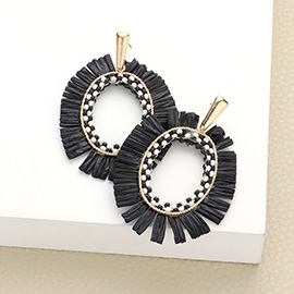 Raffia Trimmed Open Oval Dangle Earrings