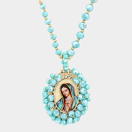 Virgin Mary Cross Printed Faceted Bead Cluster Pendant Long Necklace