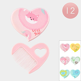 12PCS - Fruits Animal Printed Heart Mirror Hair Brushes