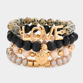 4PCS - LOVE Message Heart Charm Accented Semi Precious Wood Ball Stretch Bracelets