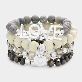 4PCS - LOVE Message Heart Charm Accented Semi Precious Wood Ball Stretch Bracelets