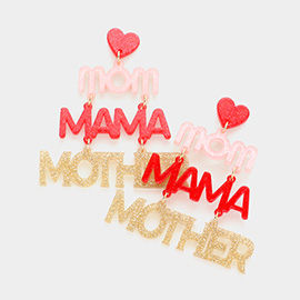 Mom Mama Mother Glittered Resin Heart Message Link Dangle Earrings