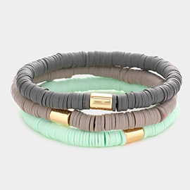 3PCS - Metal Cylinder Accented Heishi Beaded Stretch Bracelets
